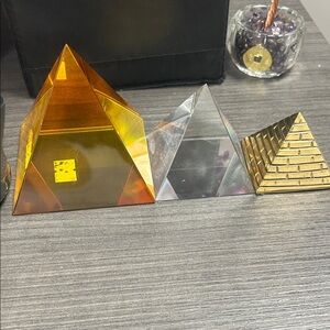 Set of Decorative Pyramids in Gold, Clear, and Bronze